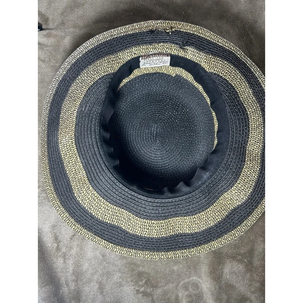 Sun N Sand Headwear Womens Boater Sun Hat‎ Black Tan Striped Wide Brim OS